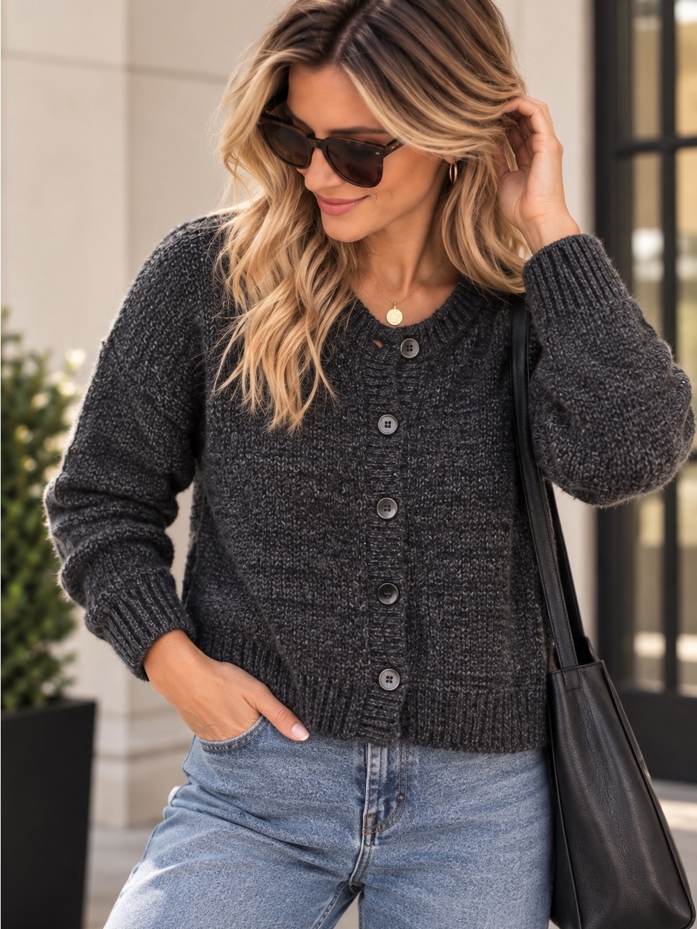 The Limited Charcoal Button-Front Cardigan